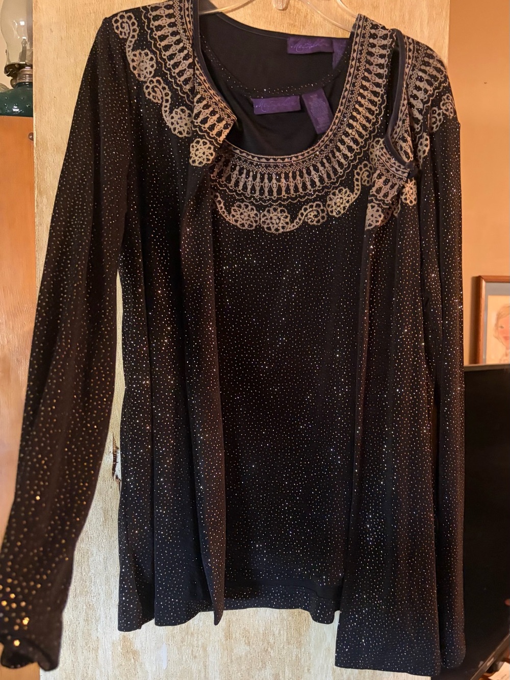 Black Sparkle Tunic Top with Gold Embroidered Neckline